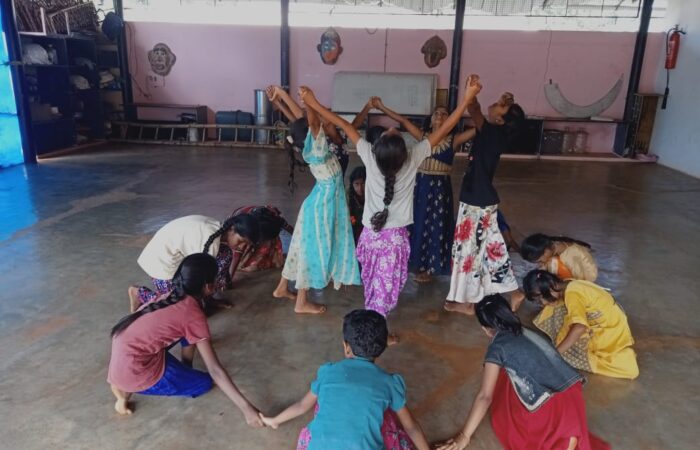 High School children prepare for Folk Dance at Bandhavi